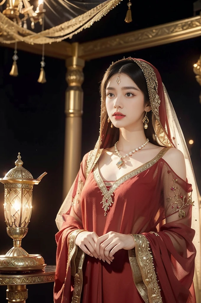 (((best quality))),(((ultra detailed))),(((masterpiece))),illustration,((1girl,Arabian dancer,solo)),(hijab:1.3),((slim,thin)),((small breasts,flat chest)),((earrings,necklace)),((pearls,jewels,gemstones)),(night scene:1.3),(standing:1.3),(in luxurious palace:1.3),(indoor:1.3),(gorgeous embroidered red sheer abaya:1.3), intricate patterns,((Arabian theme,Middle Eastern culture)),(shoulder length straight hair:1.2),(sheer veil on face:1.3),mystery, ornate furnishings, decorations, enchantment, magic, Persian magic carpet,night sky, floating,Aladdin's lamp, flame, fulfillment of desires,candlelight,romance,One Thousand and One Nights, coherent narrative, dreamlike atmosphere, deep emotions, graceful movements, passion, face beneath the veil, beloved's dream, timeless beauty, enchantment,magical world, wondrous journey,((from front,upper body))
