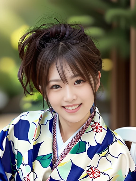 Photo-realistic quality、smiling woman in a kimono with a flowered orange and white robe, in kimono, in a kimono, Japanese women,  wearing a kimono, wearing kimono,  wearing a haori, Aoi Ogata, kimono, japanese kimono、Detailed and beautiful eyes、Cute smile、A soft and gentle look、looking at the camera、Blurred tree leaves in the foreground、Shooting from a high angle、Shooting with a telephoto lens、Blur the background a lot