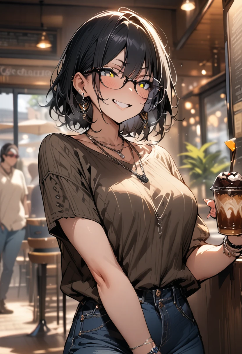 (masterpiece, Highest quality:1.3),High resolution,super fine illustrinion,Detailed skin,Detailed face,Detailed eyes,One girl,casual,necklace,jewelry,bracelet,Earrings,Glasses,Black Hair,Cafe,cowboy_shot,Front view,Looking_in_Audience,Grin,