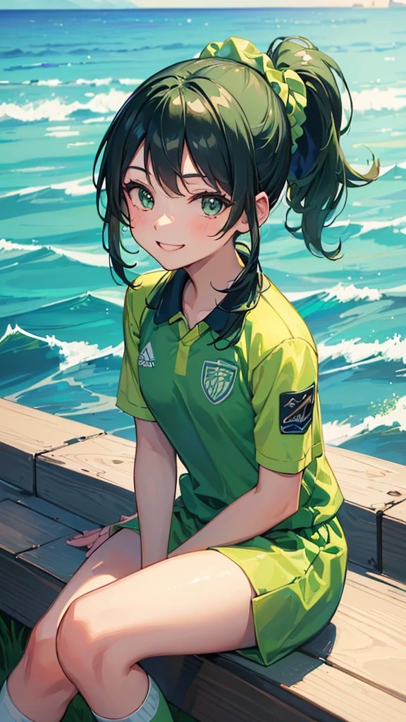 ((Highest quality)),((masterpiece)),((A girl with a ponytail wearing a light green soccer uniform smiles at the viewer by the evening sea:1.2)),((Blue Scrunchie:1.1)),(Blue socks:1.1),Black Hair
