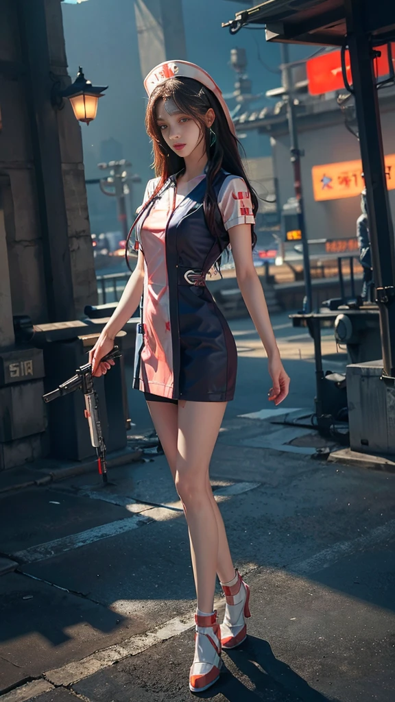 masterpiece,best quality,high resolution, 1 girl,from below,(매우 얇고 straight legs)，,(매우 long legs，straight legs),,high heel,long legs,stand on all fours, 정면에서 보면 long legs, perfect body,with perfect legs,(Exterior)，Telegraph slang，cyberpunk figures，dynamic pose，1 girl，Exquisite eyes，brown eyes，eye shadow，to put on make up，long gray hair， detailed face， detailed eyes， looking at viewer， blusher\（to put on make up\）， plump lips， red lip，（long gray hair：1.3）， （stand on all fours）Mechanically static，Summon Mech，(headdress:1.1)，headgear，((((dressed like a nurse))))，hospital hallway，Luminous winding，With a gun in my hand，weapon，Cyberpunk Lighting:1.1)，neon lights，Completely mechanical and futuristic elements，technology，Hospital Corridor， sky sky， cyberpunk figures， lantern， Neon Super Resolution，（realism：1.3），1（slim：1.2），dramatic lighting，vivid details，classy cyberpunk，complex background，Rendering with high octane，