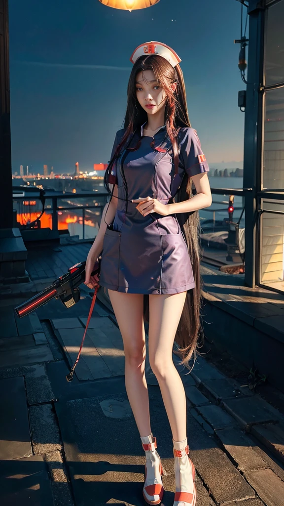 masterpiece,best quality,high resolution, 1 girl,from below,(매우 얇고 straight legs),,(매우 long legs,straight legs),,high heel,long legs,stand on all fours, 정면에서 보면 long legs, perfect body,with perfect legs,(Exterior),Telegraph slang,cyberpunk figures,dynamic pose,1 girl,Exquisite eyes,brown eyes,eye shadow,to put on make up,long gray hair, detailed face, detailed eyes, looking at viewer, blusher\(to put on make up\), plump lips, red lip,(long gray hair:1.3), (stand on all fours)Mechanically static,Summon Mech,(headdress:1.1),headgear,((((dressed like a nurse)))),hospital hallway,Luminous winding,With a gun in my hand,weapon,Cyberpunk Lighting:1.1),neon lights,Completely mechanical and futuristic elements,technology,Hospital Corridor, sky sky, cyberpunk figures, lantern, Neon Super Resolution,(realism:1.3),1(slim:1.2),dramatic lighting,vivid details,classy cyberpunk,complex background,Rendering with high octane,