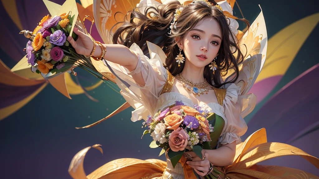 32K, 最高quality, 最高masterpiece, (ultra-Detailed Background, Detailed Background), High resolution, Super detailed, Very detailedな, One girl, (bouquet:1.3), (Tangled:1.2), (Geometric:1.2),(colorful),(masterpiece, quality, best quality, Official Art, Beautiful and beautiful:1.2), (1 girl:1.3), Very detailed,(colorful:1.1)(Flowers:1.3),Most detailed,(Tangled:1.2), whole body, (Abstract background:1.3), (Skin glows), (Many colors:1.4), ,(Earrings Jewelry:1.5), Pale Orange Background,
