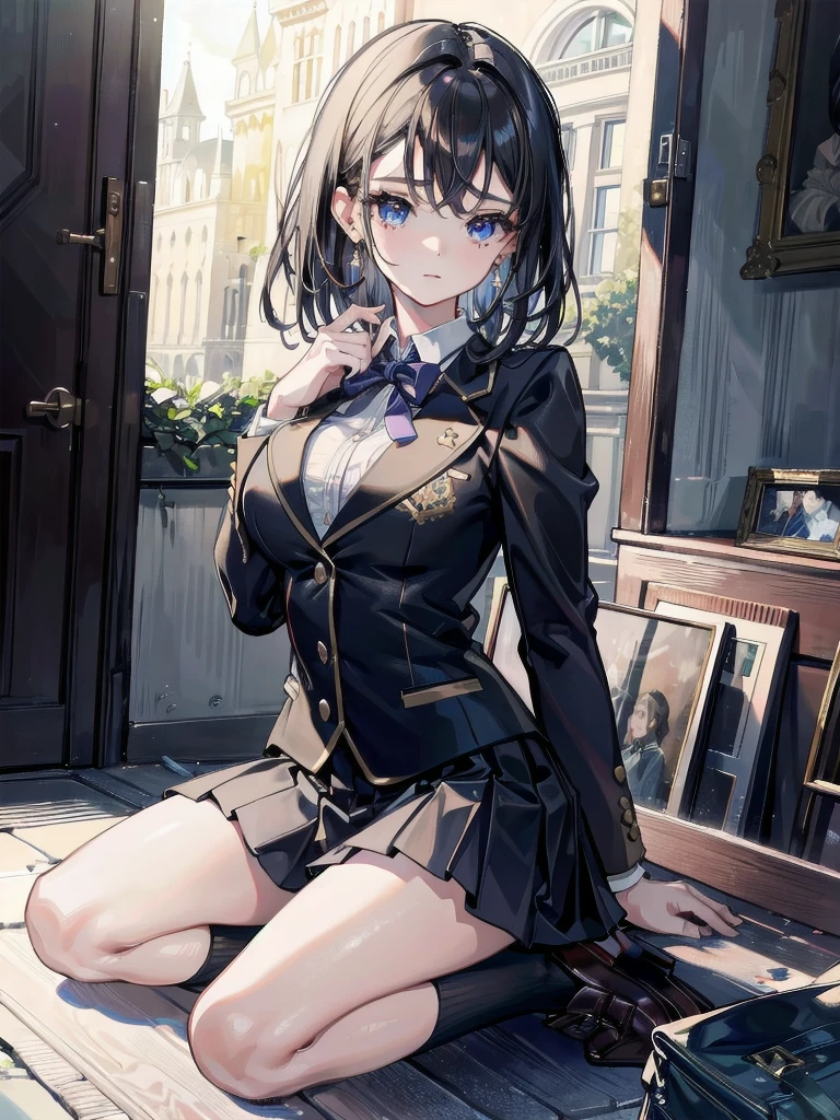 absurdres, RAW photo, extremely delicate and beautiful, masterpiece, Best Quality, ultra high resolution, 32k, hyperrealistic, ultra-detailed, in her 20s, delicate facial features, beautiful detailed girl, tearful mole, earring, medium breasts, full body shot, medium hair, black hair,  school_uniform, blazer,