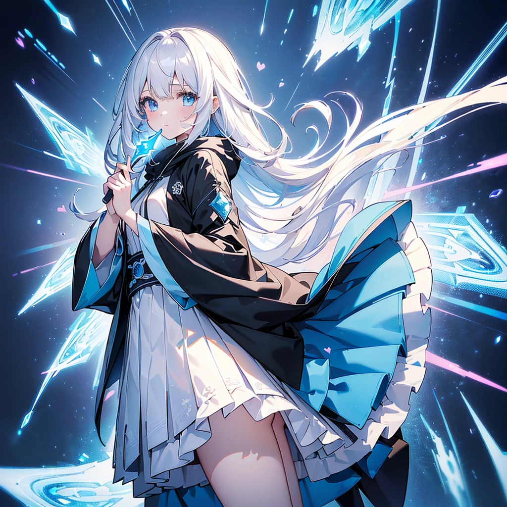 1girl,(((Highest quality、Masterpiece、Official Art、The best dynamic composition、Super detailed、Perfect Anatomy)))、Anime Style、White hair and light blue gradient long hair、Black hooded cloak、Mini Pleated Skirt、、Holding a giant cute magic wand at an angle with both handagenta Heart Fractal Art、