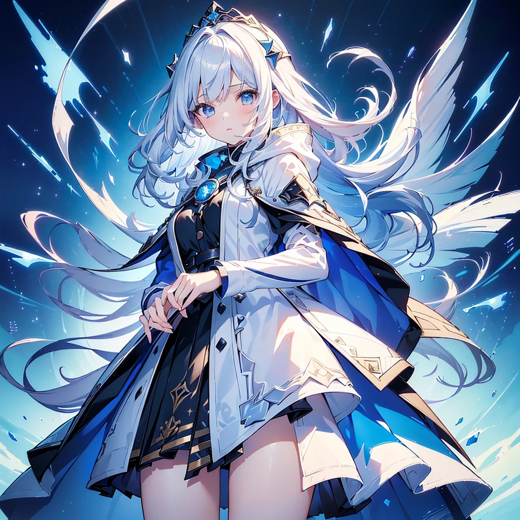 1girl,(((Highest quality、Masterpiece、Official Art、The best dynamic composition、Super detailed、Perfect Anatomy)))、Anime Style、White hair and light blue gradient long hair、Black hooded cloak、Mini Pleated Skirt、Baby Face、Holding a giant cute magic wand at an angle with both handagenta Heart Fractal Art、