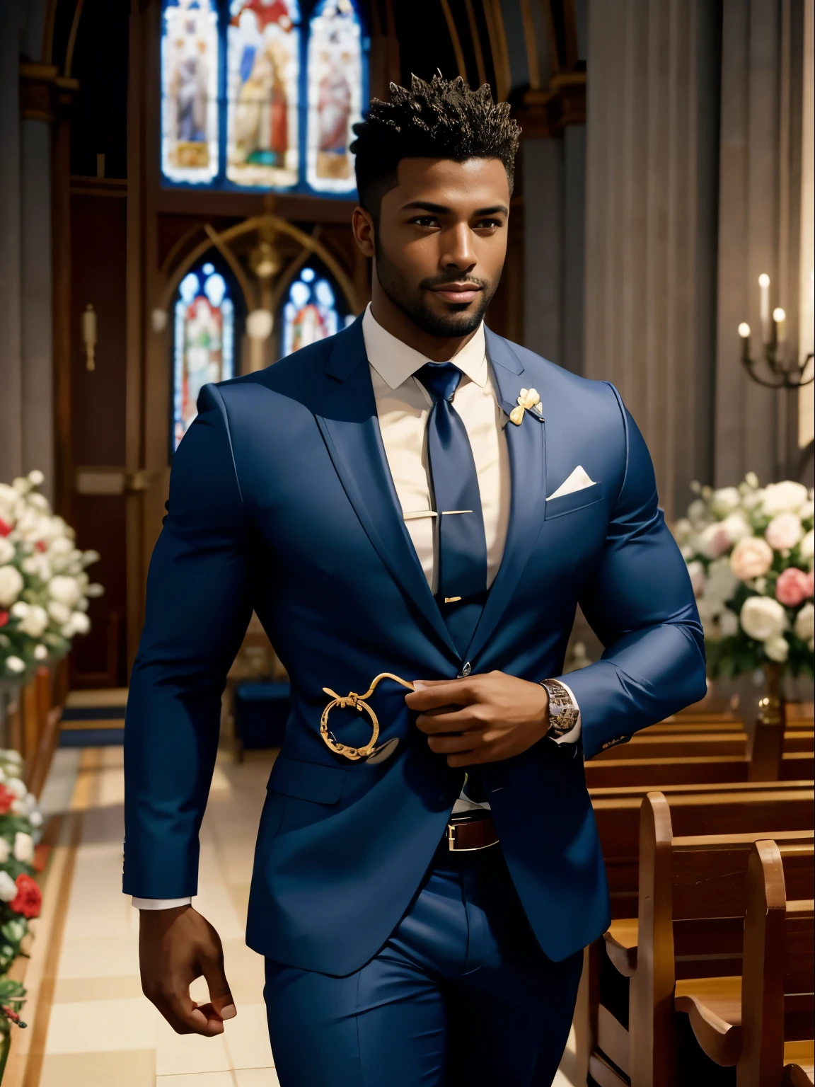8k,Resolução 8k,2 muscular Europeans, handsome man,charming eyes,darkskin,comely, smooth and shiny,Complete muscles,Thick body hair, (wearing a stylish suit),big bag,emphasize,Two men holding roses in church,Smile happily,Two men left the church happy,There are many flowers in the church,professional lighting,professional photograpy,realistic photosrealistic model,realist art
