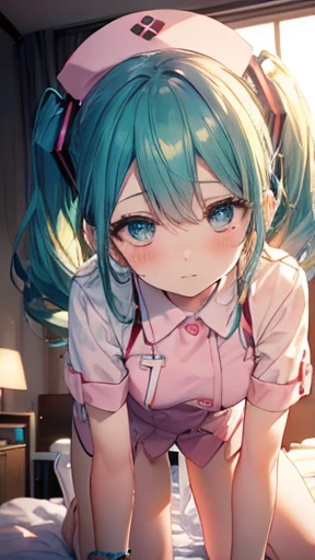 おっぱい、(Masterpiece,Super Detail,in 8K,best composition,moody lighting,photorealsitic,dynamic shot)1.5,view from the front,solo,(Hatsune Miku,light blue twin tail)1.3,(Face is close,beautiful detailed eyes,looking at the camera)1.7,shy,Dirty face,blushing,tits,detailed oily skin,cleavag,(On all fours,spreading legs)1.5,Blouse with exposed chest,pink nurse costume,cute bangles,night,Dimly lit room ,on Hospital bed,secret