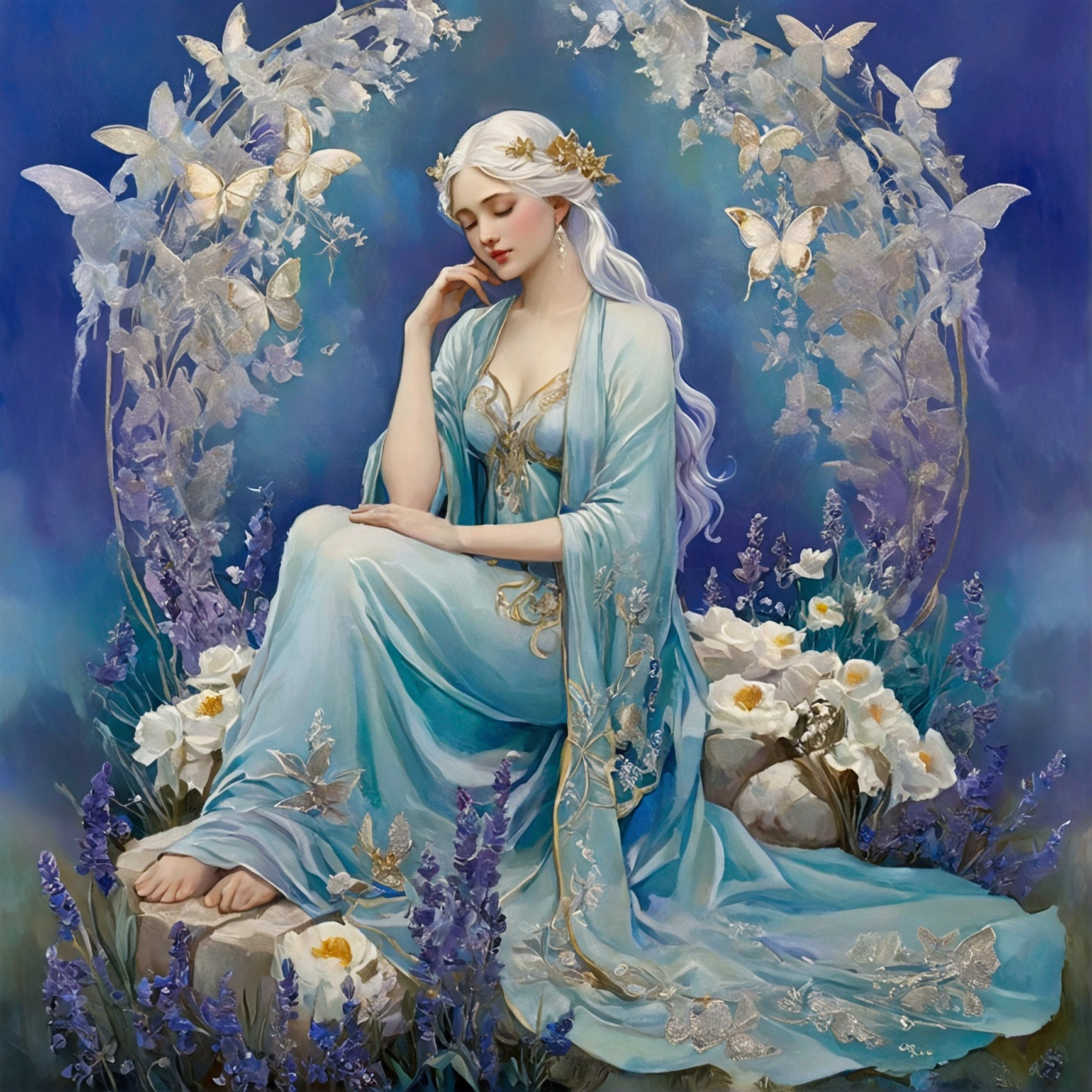 A serene goddess of mercy, compassion, and healing, depicted as a youthful maiden with cascading silver hair that shimmers like moonlight. Her large, tear-filled sapphire eyes reflect the myriad sorrows of the mortal realm, evoking a deep empathy that transcends time. Draped in flowing robes of iridescent lavender and soft aqua, embellished with intricate golden embroidery of healing herbs and flowers, she stands amidst a celestial garden. Ethereal light bathes her in a warm glow, highlighting her gentle smile, while delicate butterflies made of pure light flutter around her, symbolizing hope and transformation. The backdrop features surreal landscapes blending dreamlike elements and soft clouds, reminiscent of classical oil painting techniques mingled with ethereal fantasy art.