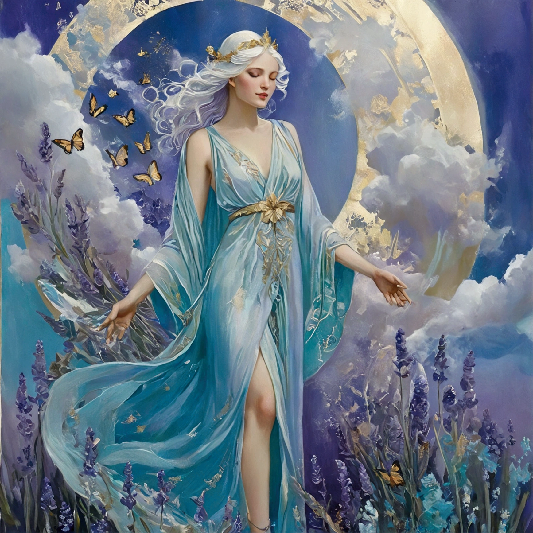 A serene goddess of mercy, compassion, and healing, depicted as a youthful maiden with cascading silver hair that shimmers like moonlight. Her large, tear-filled sapphire eyes reflect the myriad sorrows of the mortal realm, evoking a deep empathy that transcends time. Draped in flowing robes of iridescent lavender and soft aqua, embellished with intricate golden embroidery of healing herbs and flowers, she stands amidst a celestial garden. Ethereal light bathes her in a warm glow, highlighting her gentle smile, while delicate butterflies made of pure light flutter around her, symbolizing hope and transformation. The backdrop features surreal landscapes blending dreamlike elements and soft clouds, reminiscent of classical oil painting techniques mingled with ethereal fantasy art.