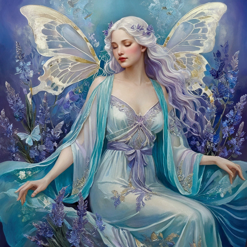 A serene goddess of mercy, compassion, and healing, depicted as a youthful maiden with cascading silver hair that shimmers like moonlight. Her large, tear-filled sapphire eyes reflect the myriad sorrows of the mortal realm, evoking a deep empathy that transcends time. Draped in flowing robes of iridescent lavender and soft aqua, embellished with intricate golden embroidery of healing herbs and flowers, she stands amidst a celestial garden. Ethereal light bathes her in a warm glow, highlighting her gentle smile, while delicate butterflies made of pure light flutter around her, symbolizing hope and transformation. The backdrop features surreal landscapes blending dreamlike elements and soft clouds, reminiscent of classical oil painting techniques mingled with ethereal fantasy art.