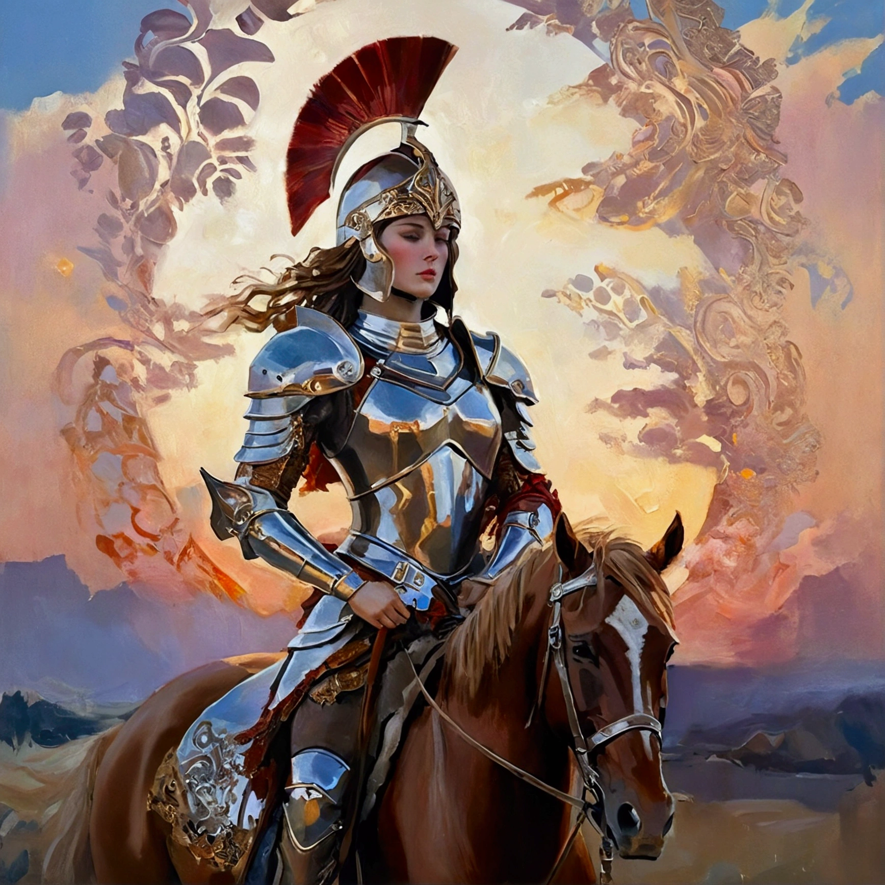 Young woman with a majestic presence, proud and self-confident, dressed in shining bronze armor, artfully decorated with filigree patterns. Her breastplate shines in the light of the sunset, while a magnificent plumed helmet sits on her head. In the background a glowing, Mystical sky, which reflects the phases of the lunar calendar in vibrant colors, creating a magical atmosphere. She embodies the ideal captain, the master of the battlefield and a resolute warrior, with a majestic sword in his hand. Her demeanor radiates calm and honor, while their wise eyes reflect the stories of countless battles. The picture is made in the style of an opulent oil painting, reminiscent of the works of Rubens and Klimt, with dynamic brushstrokes and bright, expressive colors.
