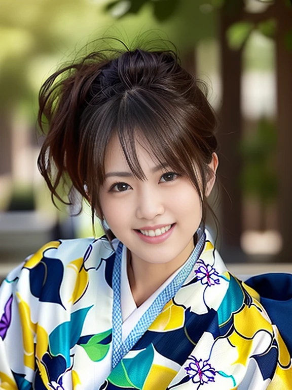 Photo-realistic quality、smiling woman in a kimono with a flowered orange and white robe, in kimono, in a kimono, Japanese women,  wearing a kimono, wearing kimono,  wearing a haori, Aoi Ogata, kimono, japanese kimono、Detailed and beautiful eyes、Cute smile、A soft and gentle look、looking at the camera、Leaves in the foreground、Shooting from a high angle、Shooting with a telephoto lens、Blur the background a lot