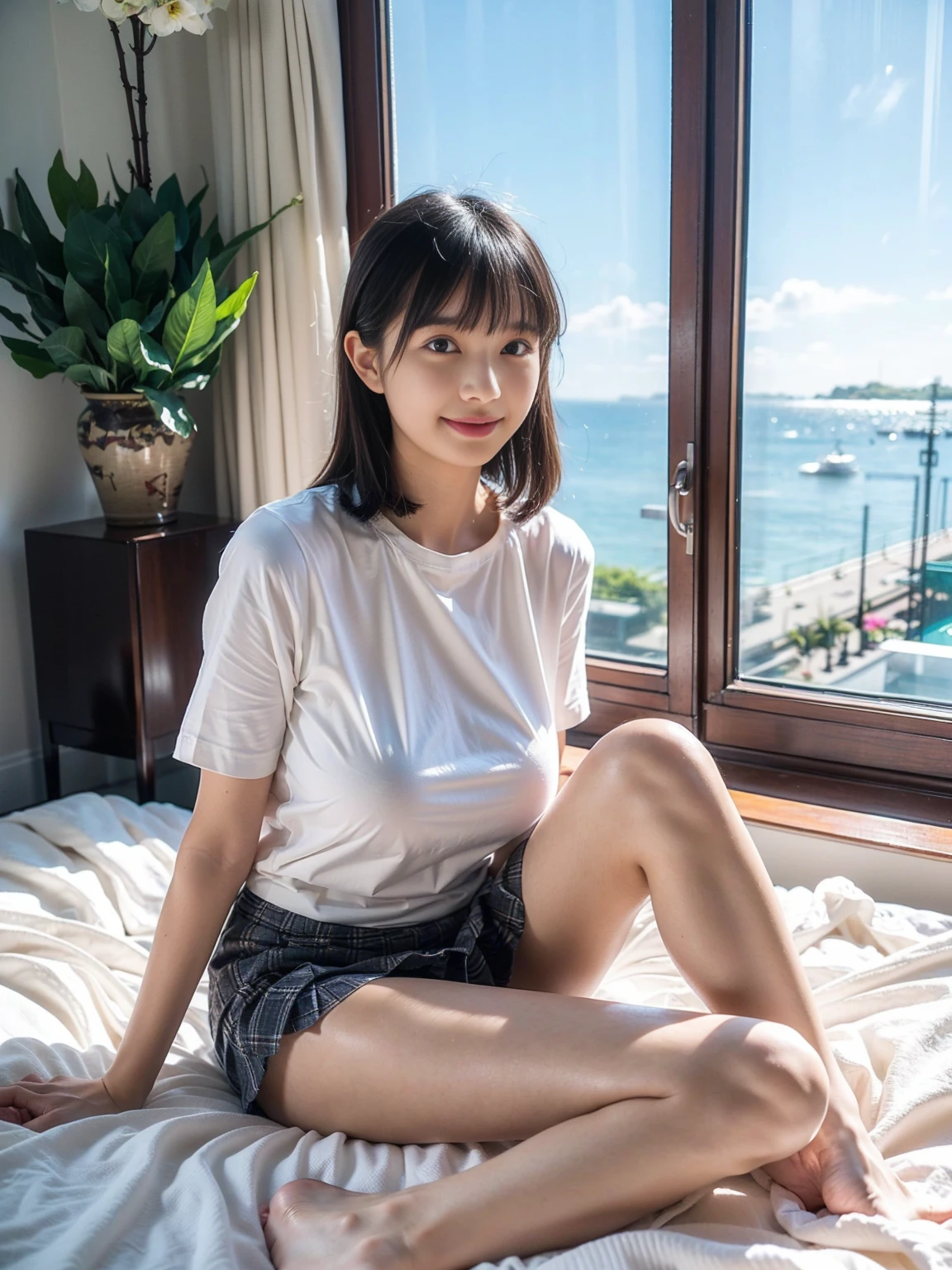 (masterpiece, realistic, photo-realistic:1.2), finely detail, ultra high res, perfect anatomy, best quality, 8K, soft focus, (embarrassed, smile:1.2), (1girl, yo Japanese short girl, nsfw, idol, white shirt, see through, pleated plaid skirt, ribbons, pantyhose:1.2), cowboy shot, (black straight hair, short hair, blunt bangs:1.2), beautiful detailed face and big eyes, (glowing fair skin:1.2), (pointed huge breasts, gigantic breasts:1.2), (bloom, awesome detailed suite room, sitting on gorgeous bed, wide window with ocean scenery, expensive furniture, sheets on floor, flowers in planter:1.2), looking at viewer, legs wide open, show panties,