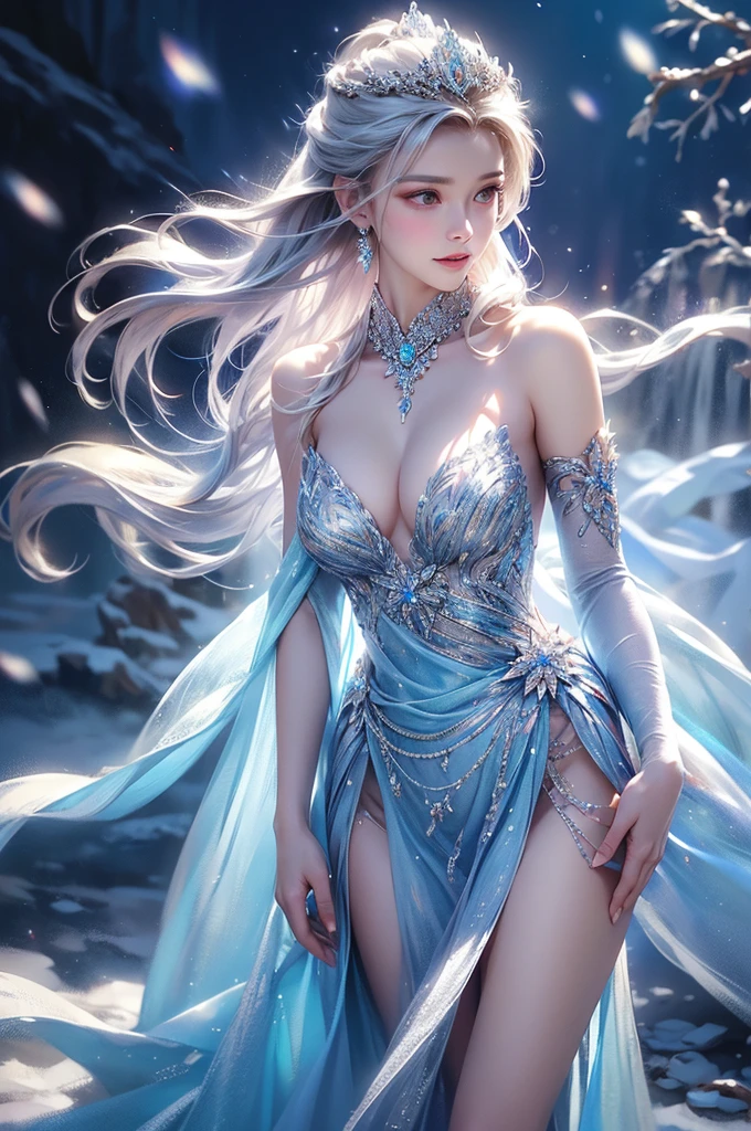 dutch angle. wood, Exquisite mini ice spikes and crystals, A frozen waterfall in the background, Light reflected by ice crystals, Flowing snowflakes.1 girl、pretty girl,A realistic person,Beautiful cleavage,((medium breasts)),Thin legs、Tight waist、standing, Long dress,Halter neck