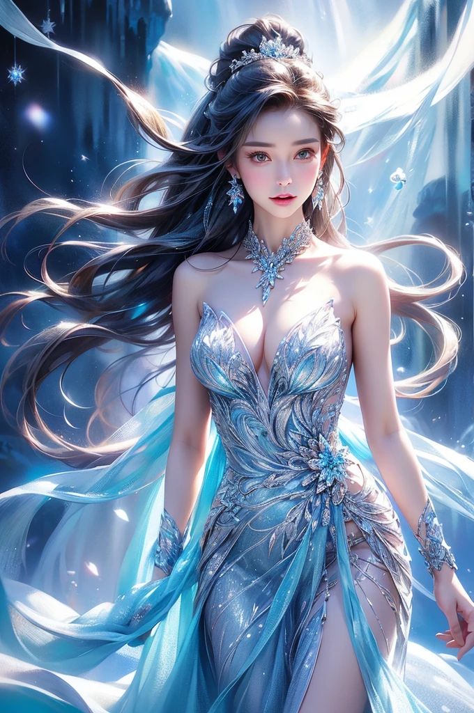 dutch angle. wood, Exquisite mini ice spikes and crystals, A frozen waterfall in the background, Light reflected by ice crystals, Flowing snowflakes.1 girl、pretty girl,A realistic person,Beautiful cleavage,((medium breasts)),Thin legs、Tight waist、standing, Long dress,Halter neck
