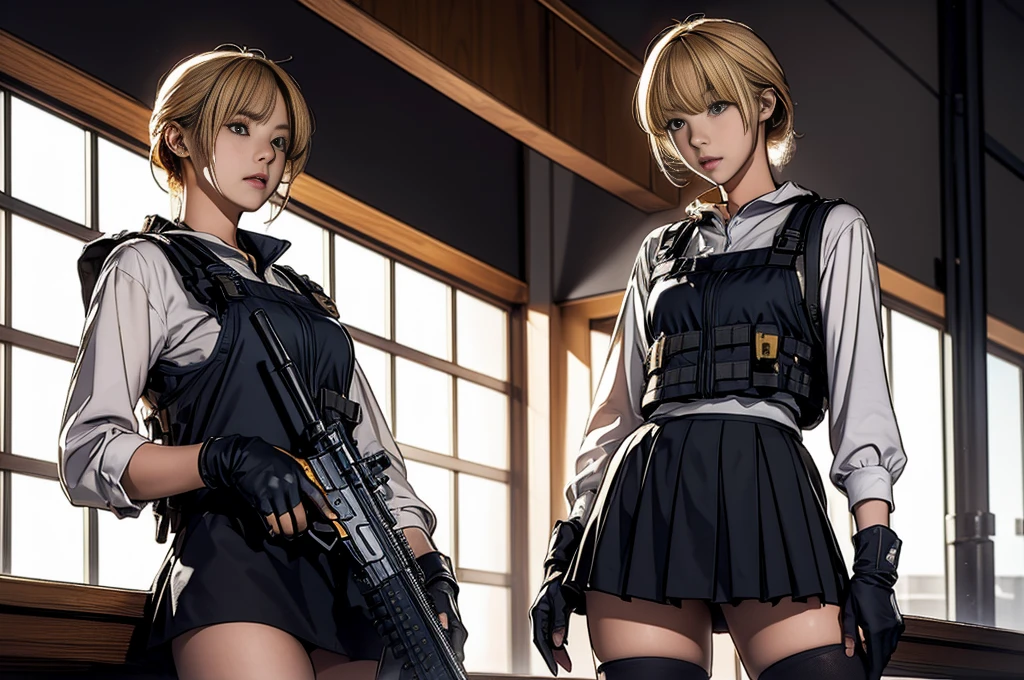 A blonde-haired girl is sitting alone on the roof of a building、Her bright yellow eyes are piercing as she holds an AR-15 assault rifle.。Her skirt and thigh-highs、It creates a striking contrast with the practical wear of the load-bearing vest.。Cover your hands with gloves、He has a determined look on his face, slightly baring his sharp teeth.。Rifle scope shining in the light、I can see my friend in a holster on his hip.。Her face is marked with discipline、With her gun firmly in hand, she exudes confidence and control.。