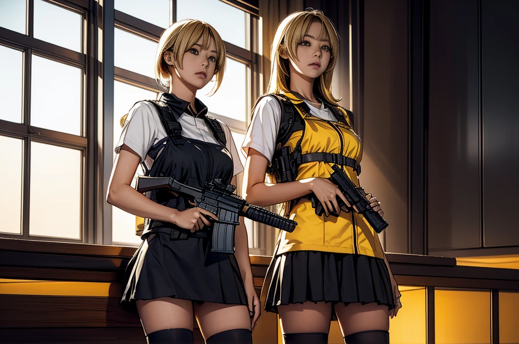 A blonde-haired girl is sitting alone on the roof of a building、Her bright yellow eyes are piercing as she holds an AR-15 assault rifle.。Her skirt and thigh-highs、It creates a striking contrast with the practical wear of the load-bearing vest.。Cover your hands with gloves、He has a determined look on his face, slightly baring his sharp teeth.。Rifle scope shining in the light、I can see my friend in a holster on his hip.。Her face is marked with discipline、With her gun firmly in hand, she exudes confidence and control.。