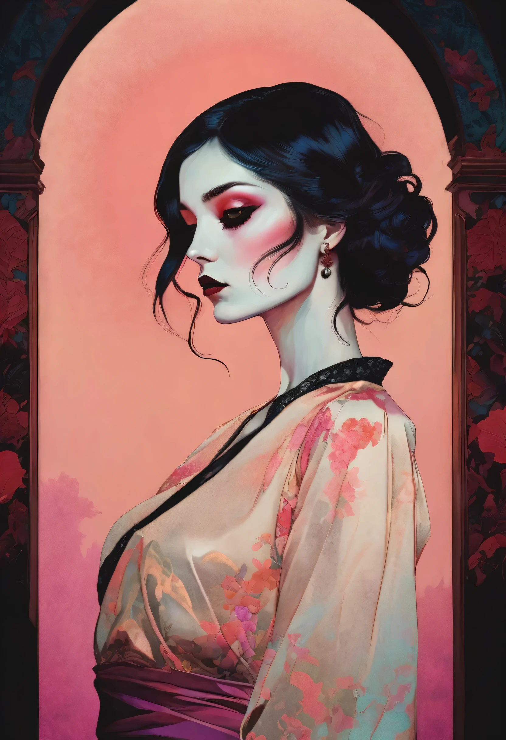 chiaroscuro technique on sensual illustration of an elegant woman, vintage horror, eerie, matte painting, by Hannah Dale, by Harumi Hironaka, extremely soft colors, vibrant, highly detailed, digital artwork, high contrast, dramatic, refined, tonal,looking at the viewer