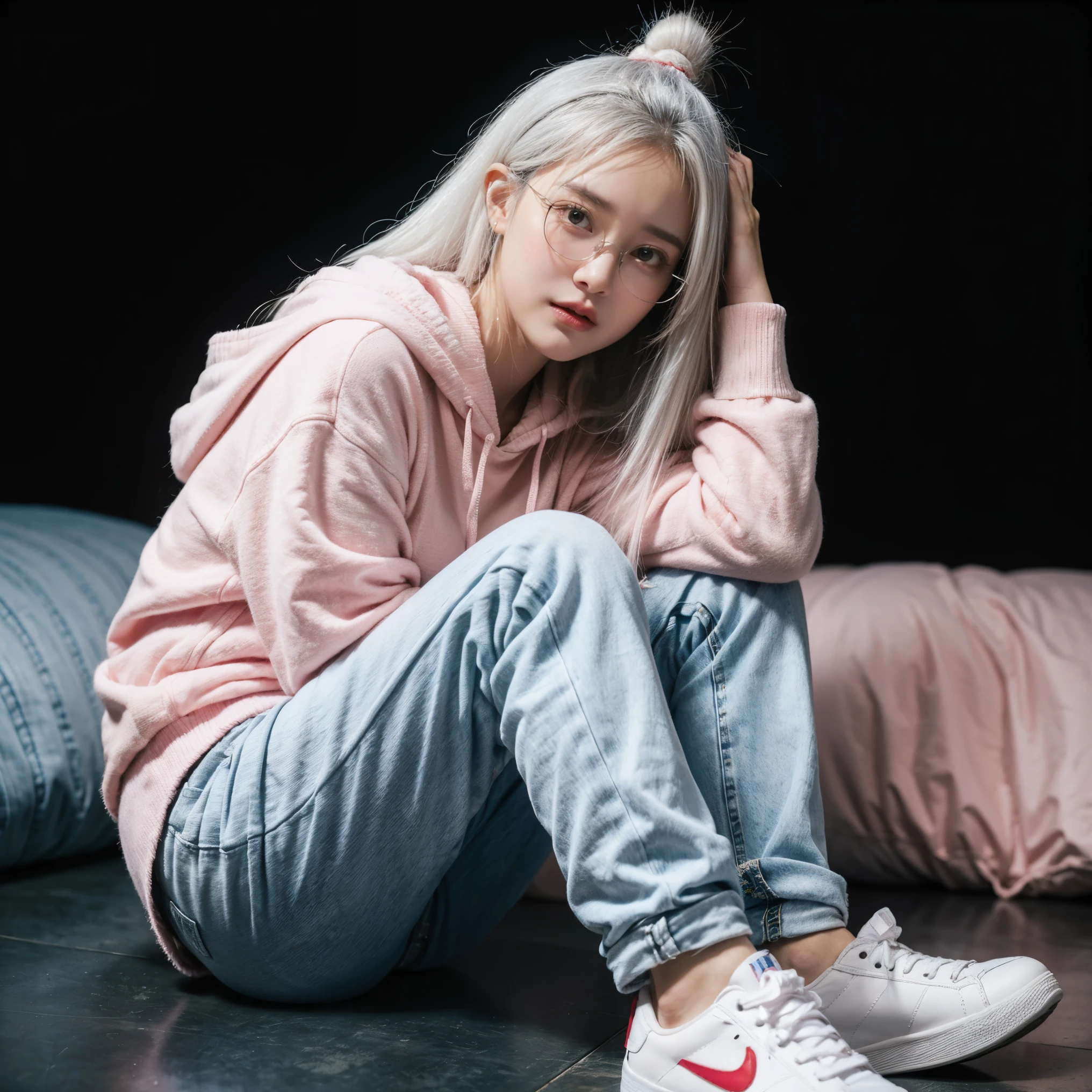 Create, best quality, 21yo girl, white hair, long hair, plumpy, natural big breast, wear pink hoodie and denim pants, wear round glasses, sit pose on the floor, black background, cinematic lightning, blue and red light.