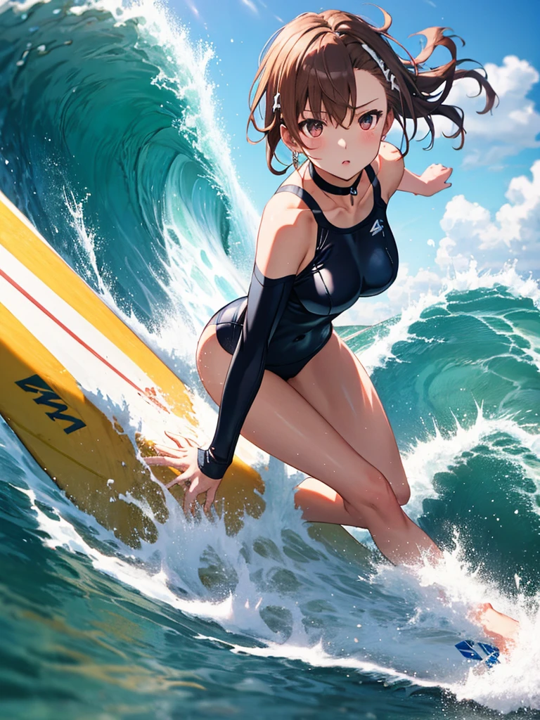 Female surfer riding a wave in the ocean early in the morning, Surfing:1.5, Misaka Mikoto, One girl, Black choker, 超High resolution, retina, masterpiece, Accurate, Anatomically correct, Textured skin, Super Detail, Attention to detail, high quality, 最high quality, High resolution, 4K