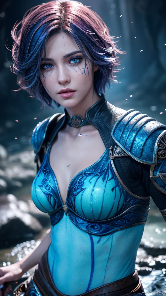 a beautiful woman with short fiery blue hair, detailed eyes, full lips, and a slim figure, wearing a revealing fantasy outfit with water elemental patterns and designs, surrounded by swirling water and water energy, in a fantastical, otherworldly landscape, (best quality,4k,8k,highres,masterpiece:1.2),ultra-detailed,(realistic,photorealistic,photo-realistic:1.37),intricate details,HDR,UHD,vivid colors,fantasy,cinematic lighting,dramatic pose,hyper detailed,volumetric lighting,highly detailed facial features,extremely detailed skin,extremely detailed clothing,extremely detailed background,extremely detailed water effects,fantasy art,digital art