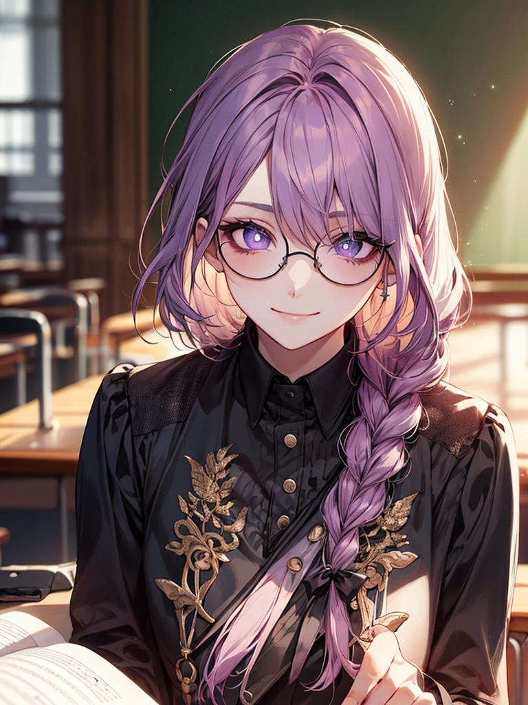 men's,single braid hair,violet colored hair,(Eye 1:2,Clear eyes,Elaborate Eyes,Delicate pupils,Good eyes,eye detailed),Face Focus,Adult,In black suit,best qualtiy,facial detailing,Classroom,sit on desk,sitting in the couch,lazy,Detailed background,diffuse sunlight,depth of fields,Studying Smiling at your desk, violet eyes,black gloves, round glasses, long sleeves,violet hair, smile,