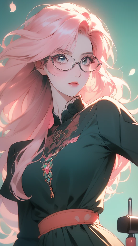 a beautiful asian lady with eyes holding a microphone and wearing glasses, 1girl, solo, long hair, shirt, eyes, round eyewear, glasses, hair, black shirt, upper body,(risheirmgardweitzner,pink_hair,aqua_eyes,:1.2),
