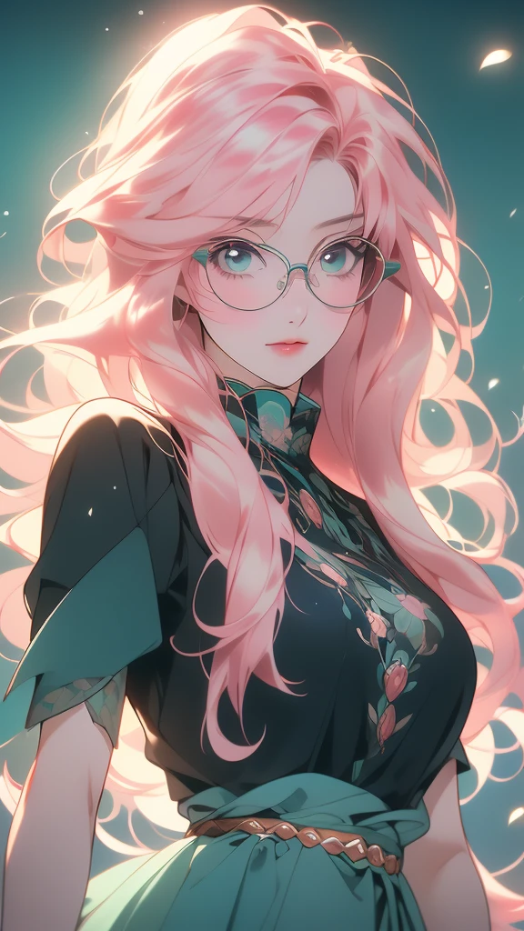 a beautiful asian lady with eyes holding a microphone and wearing glasses, 1girl, solo, long hair, shirt, eyes, round eyewear, glasses, hair, black shirt, upper body,(risheirmgardweitzner,pink_hair,aqua_eyes,:1.2),
