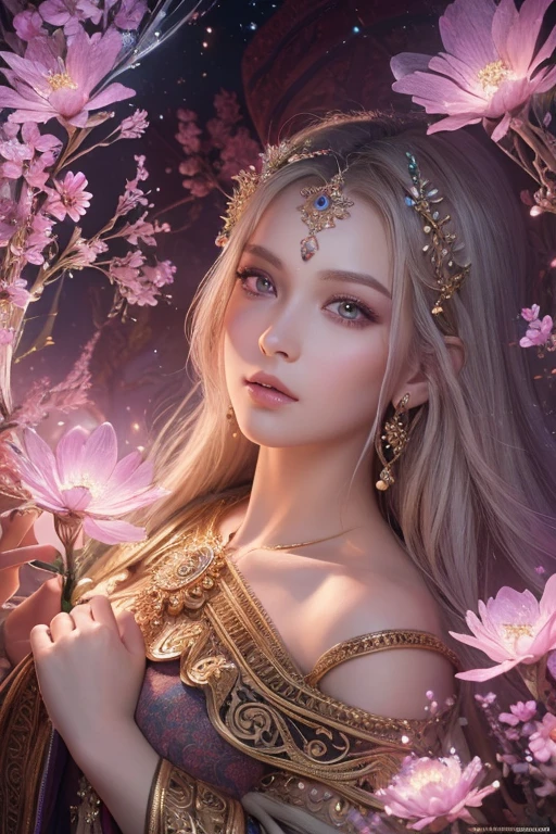 ((Masterpiece,Ultra-high resolution, high resolution, 8k,  Fractal Art,Octane, Fantastic,Aesthetic,Intricate details)) From fantasy,Beautiful pale pink flower goddess fortune teller,A deeply carved face reminiscent of Nordic mythology,mysterious eyes,Emits a powerful, mysterious aura from bottom to top,Gemstone Garden, Elegant and sophisticated features with perfect shading and realistic skin texture. she (Crystal Eye) It&#39;s wonderful.、It is the focus of this image. (she eyes extremely detailed, Beautiful attention to detail, macro). she eyes feature intricate detailing with clearly defined irises and bright sclera. sheはクラシックな模様のロングドレスを着ている,Long sleeve,A dress made of jewels and details,soft lips are smooth and very puffy, sheの肌は淡い紅潮と華麗なクラシカルな模様で飾られている. she long gown is stunning and expensive, Made of pure flame and brilliant light,Gorgeous jewels that sparkle in the light. 