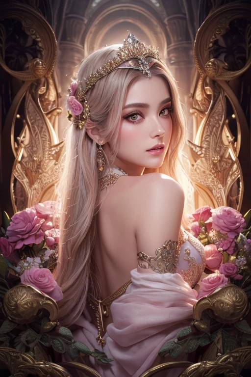 ((Masterpiece,Ultra-high resolution, high resolution, 8k, Fractal Art,Octane, Fantastic,Aesthetic,Intricate details)) From fantasy,Beautiful pale pink flower goddess fortune teller,A deeply carved face reminiscent of Nordic mythology,mysterious eyes,Emits a powerful, mysterious aura from bottom to top,Gemstone Garden, Elegant and sophisticated features with perfect shading and realistic skin texture. she (Crystal Eye) It's wonderful.、It is the focus of this image. (she eyes extremely detailed, Beautiful attention to detail, macro). she eyes feature intricate detailing with clearly defined irises and bright sclera. sheはクラシックな模様のロングドレスを着ている,Long sleeve,A dress made of jewels and details,soft lips are smooth and very puffy, sheの肌は淡い紅潮と華麗なクラシカルな模様で飾られている. she long gown is stunning and expensive, Made of pure flame and brilliant light,Gorgeous jewels that sparkle in the light.