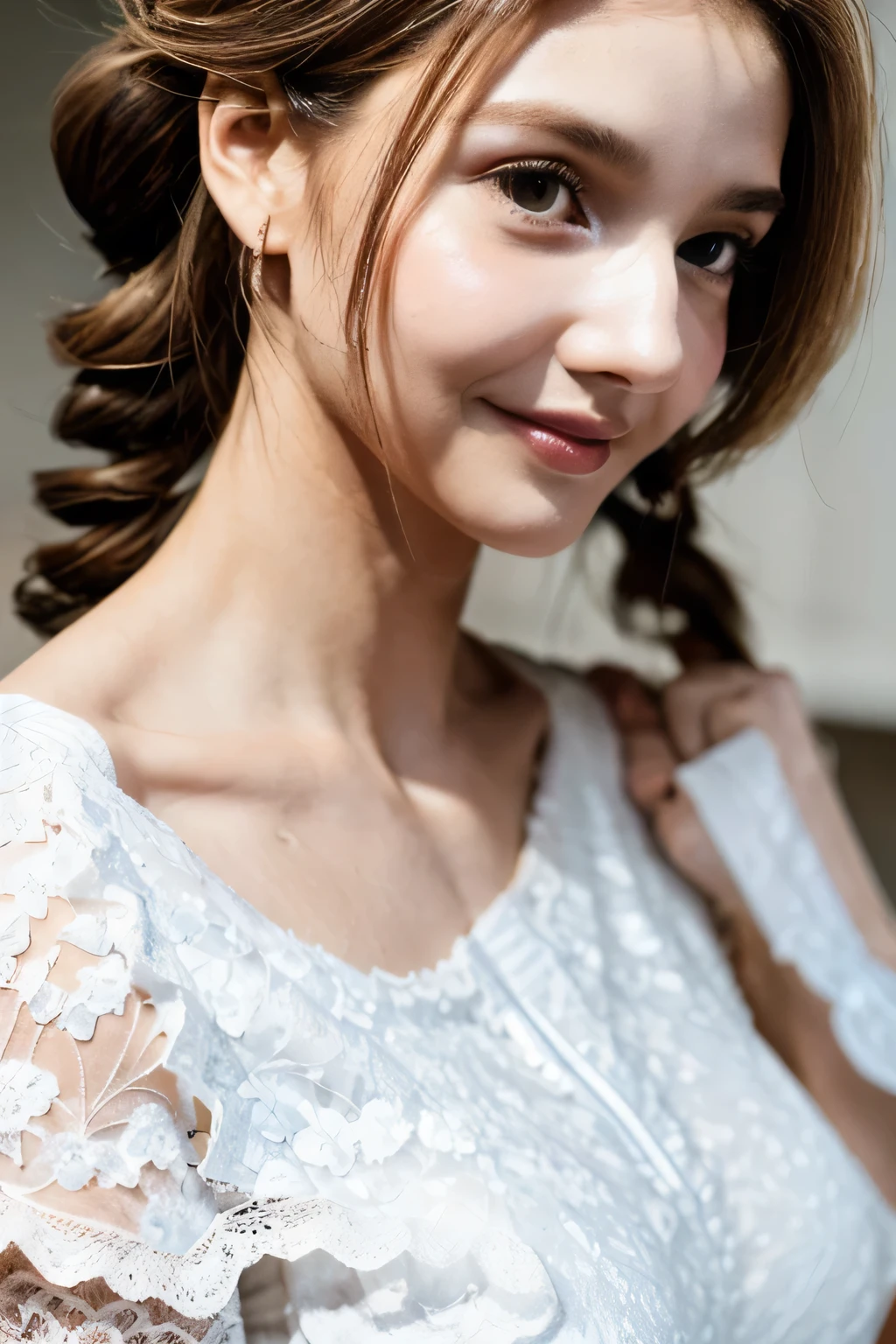 ((Highest quality, 8k, masterpiece: 1.3)), sharp: 1.2, Perfect Body Beauty: 1.6, ((Layered Hairstyles, Big Breasts: 2.0)), (white and long legs: 2.0), (white lace dress: 2.0, Off-the-shoulder dress: 2.0, A dress that shows off your breasts: 2.0), ((long hair: 2.0)), ((necklace)), Earrings, ring, Bracelet, Hair Accessories, ((Beautiful young teenager woman)), ((Straight nose)), (Eyeliner), Armpit Hair, Bristles, ((White and beautiful skin)), Wavy Hair, Beautiful attention to detail, Super detailed, Highly detailed face and skin texture, fine grain, double eyelid, Black Hair, Big Ass, Lower Body, Thighs, (((Skinny))), Wet and shiny lips, smile, Get a grip on your body, ((Anatomically correct human body)), ((Crisp body shape)), Ribs, clavicle, Protruding skeleton, A face without nasolabial folds, Shyness, Thin eyebrows, Big eyes, (shoot from side: 1.0), (Narrow shoulders: 2.0), (Smile: 1.0), (One arm raised: 1.0)