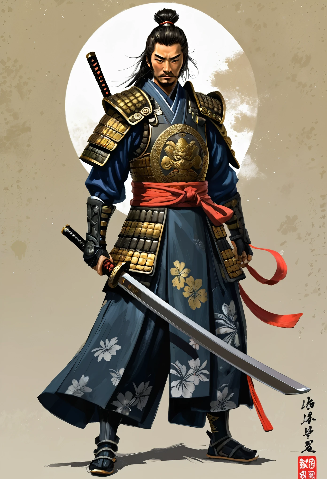 Need to create concept art of a samurai for MMORPG, centered on a Japanese setting. The character must be presented in classic samurai armor and weapons, combining elements of traditional and fantasy design. digital painting