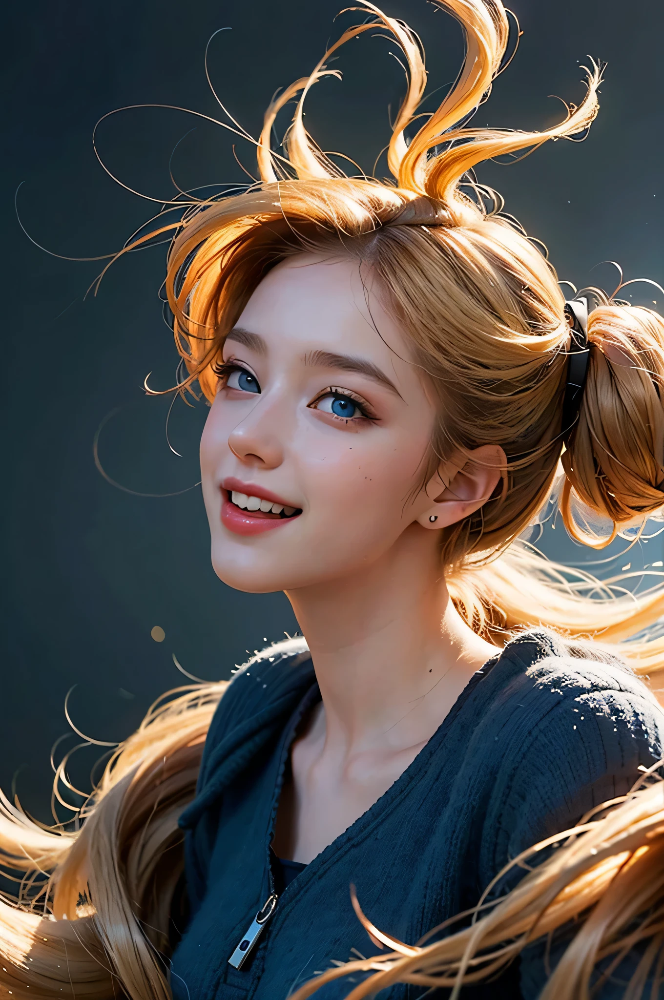 1girl, laughing, blonde hair, blue eyes, sopi, Subtle narrative, festive atmosphere, atmospheric perspective, dynamic movement, ethereal quality,solo,low fantasy,Lively Brushwork, Striking Composition, Psychedelic Imagery,