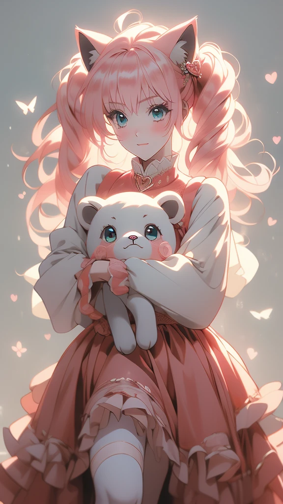 an anime image of girl holding teddy bear and walking by kawaii wallpaper by anonymonk [kawaii-wallpapers], 1girl, stuffed toy, stuffed animal, animal ears, solo, tail, cat ears, heart hair ornament, skirt, cat tail, teddy bear,  hair, hat, hair ornament,  eyes, twintails, shirt, black headwear, white shirt, blush, frilled skirt, heart, looking at viewer, simple background, long sleeves, smile, object hug, cat girl, , red skirt, ribbon, frills, long hair, serafuku, grey background , (best quality, masterpiece, ultra-detailed, illustration),(8K wallpaper),(beautiful detailed eyes), beautiful, amazing, detailed eyes, (detailed skin),(risheirmgardweitzner,pink_hair,aqua_eyes,:1.2), 