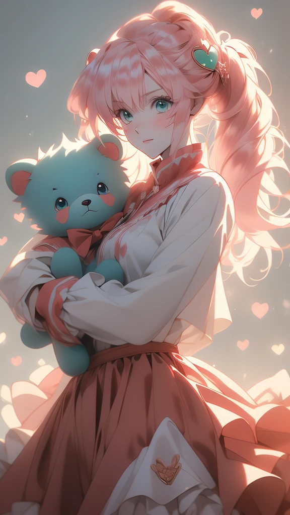 an anime image of girl holding teddy bear and walking by kawaii wallpaper by anonymonk [kawaii-wallpapers], 1girl, stuffed toy, stuffed animal, animal ears, solo, tail, cat ears, heart hair ornament, skirt, cat tail, teddy bear,  hair, hat, hair ornament,  eyes, twintails, shirt, black headwear, white shirt, blush, frilled skirt, heart, looking at viewer, simple background, long sleeves, smile, object hug, cat girl, , red skirt, ribbon, frills, long hair, serafuku, grey background , (best quality, masterpiece, ultra-detailed, illustration),(8K wallpaper),(beautiful detailed eyes), beautiful, amazing, detailed eyes, (detailed skin),(risheirmgardweitzner,pink_hair,aqua_eyes,:1.2), 