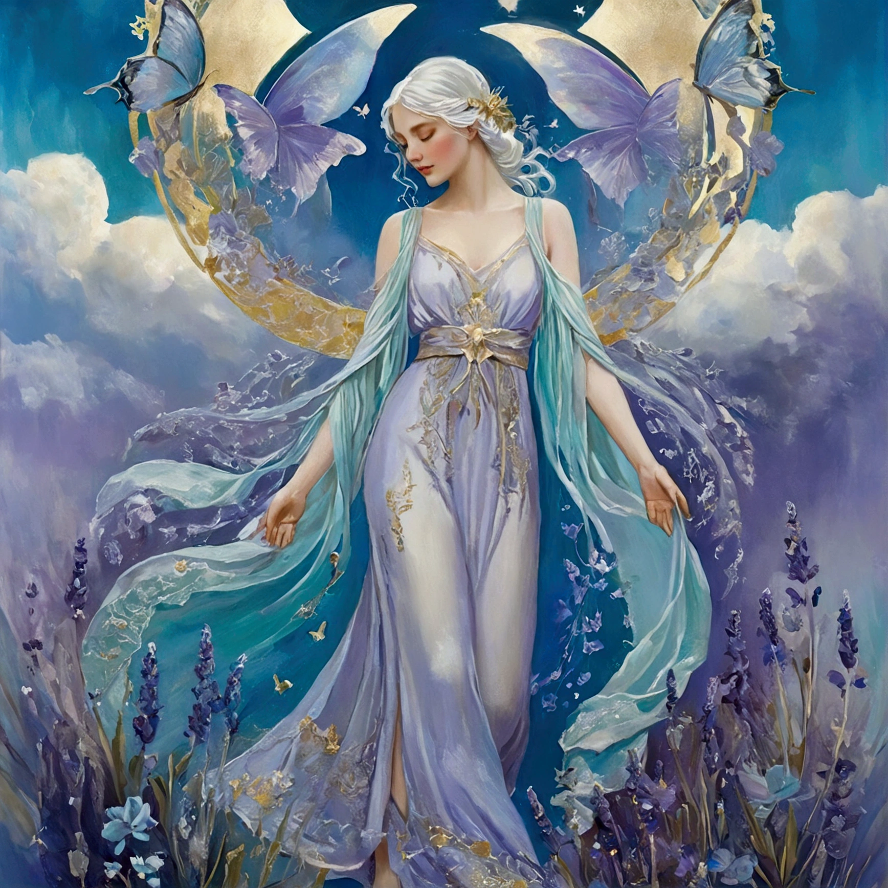 A serene goddess of mercy, compassion, and healing, depicted as a youthful maiden with cascading silver hair that shimmers like moonlight. Her large, tear-filled sapphire eyes reflect the myriad sorrows of the mortal realm, evoking a deep empathy that transcends time. Draped in flowing robes of iridescent lavender and soft aqua, embellished with intricate golden embroidery of healing herbs and flowers, she stands amidst a celestial garden. Ethereal light bathes her in a warm glow, highlighting her gentle smile, while delicate butterflies made of pure light flutter around her, symbolizing hope and transformation. The backdrop features surreal landscapes blending dreamlike elements and soft clouds, reminiscent of classical oil painting techniques mingled with ethereal fantasy art.