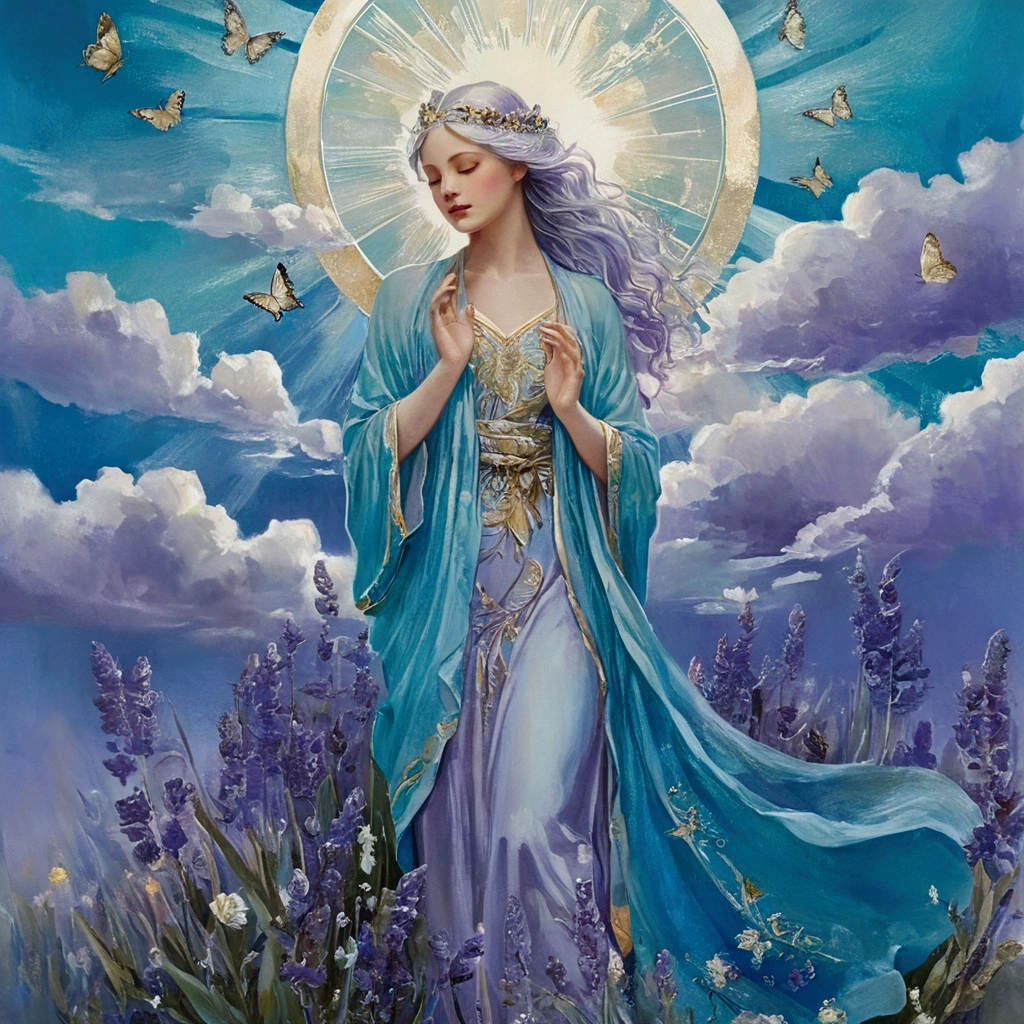 A serene goddess of mercy, compassion, and healing, depicted as a youthful maiden with cascading silver hair that shimmers like moonlight. Her large, tear-filled sapphire eyes reflect the myriad sorrows of the mortal realm, evoking a deep empathy that transcends time. Draped in flowing robes of iridescent lavender and soft aqua, embellished with intricate golden embroidery of healing herbs and flowers, she stands amidst a celestial garden. Ethereal light bathes her in a warm glow, highlighting her gentle smile, while delicate butterflies made of pure light flutter around her, symbolizing hope and transformation. The backdrop features surreal landscapes blending dreamlike elements and soft clouds, reminiscent of classical oil painting techniques mingled with ethereal fantasy art.