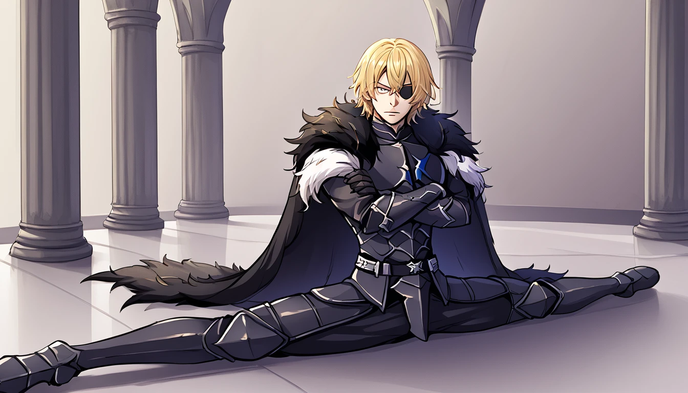 castle, dimitritimeskip, blonde hair, medium hair, messy hair, eye patch on right eye, blonde eyes, black armor, fur cape, 1boy, solo, Sitting, On the floor, (Split Horizon), stretch, (horizontal splits), stretch regs, crossed arms