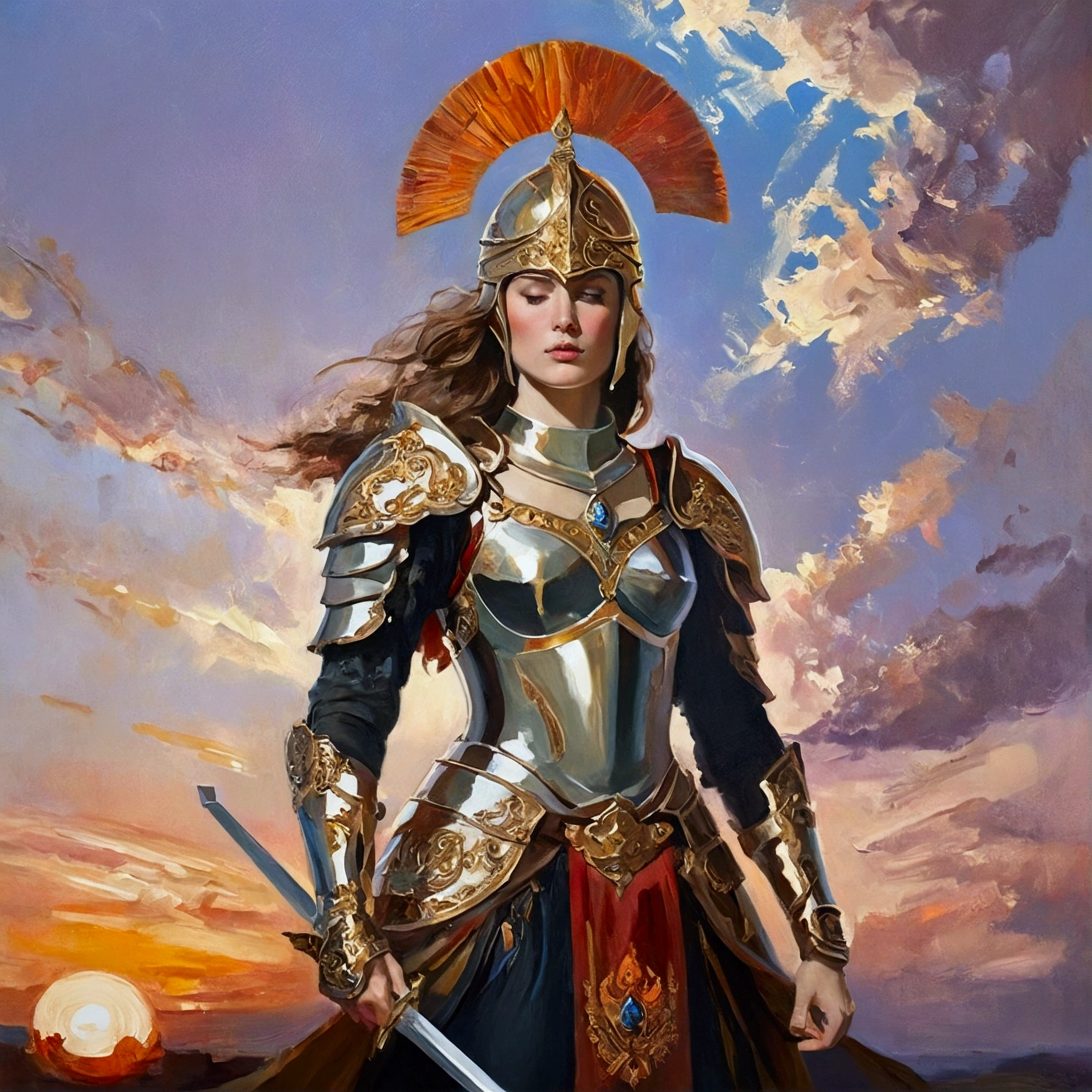 Young woman with a majestic presence, proud and self-confident, dressed in shining bronze armor, artfully decorated with filigree patterns. Her breastplate shines in the light of the sunset, while a magnificent plumed helmet sits on her head. In the background a glowing, Mystical sky, which reflects the phases of the lunar calendar in vibrant colors, creating a magical atmosphere. She embodies the ideal captain, the master of the battlefield and a resolute warrior, with a majestic sword in his hand. Her demeanor radiates calm and honor, while their wise eyes reflect the stories of countless battles. The picture is made in the style of an opulent oil painting, reminiscent of the works of Rubens and Klimt, with dynamic brushstrokes and bright, expressive colors.