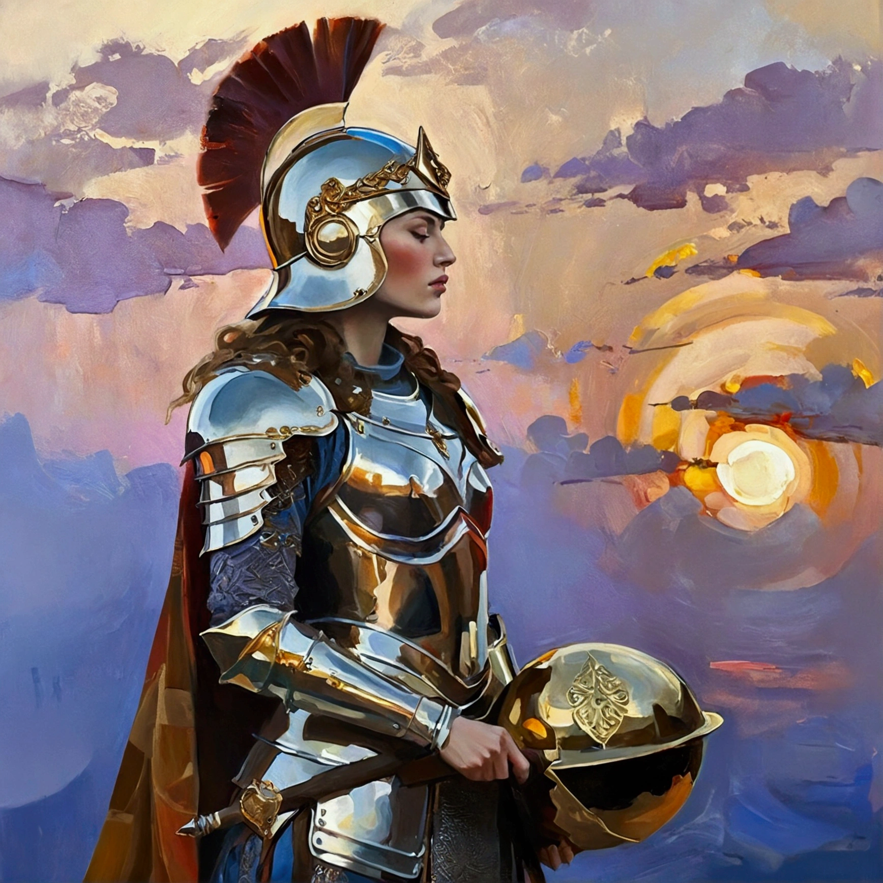 Young woman with a majestic presence, proud and self-confident, dressed in shining bronze armor, artfully decorated with filigree patterns. Her breastplate shines in the light of the sunset, while a magnificent plumed helmet sits on her head. In the background a glowing, Mystical sky, which reflects the phases of the lunar calendar in vibrant colors, creating a magical atmosphere. She embodies the ideal captain, the master of the battlefield and a resolute warrior, with a majestic sword in his hand. Her demeanor radiates calm and honor, while their wise eyes reflect the stories of countless battles. The picture is made in the style of an opulent oil painting, reminiscent of the works of Rubens and Klimt, with dynamic brushstrokes and bright, expressive colors.