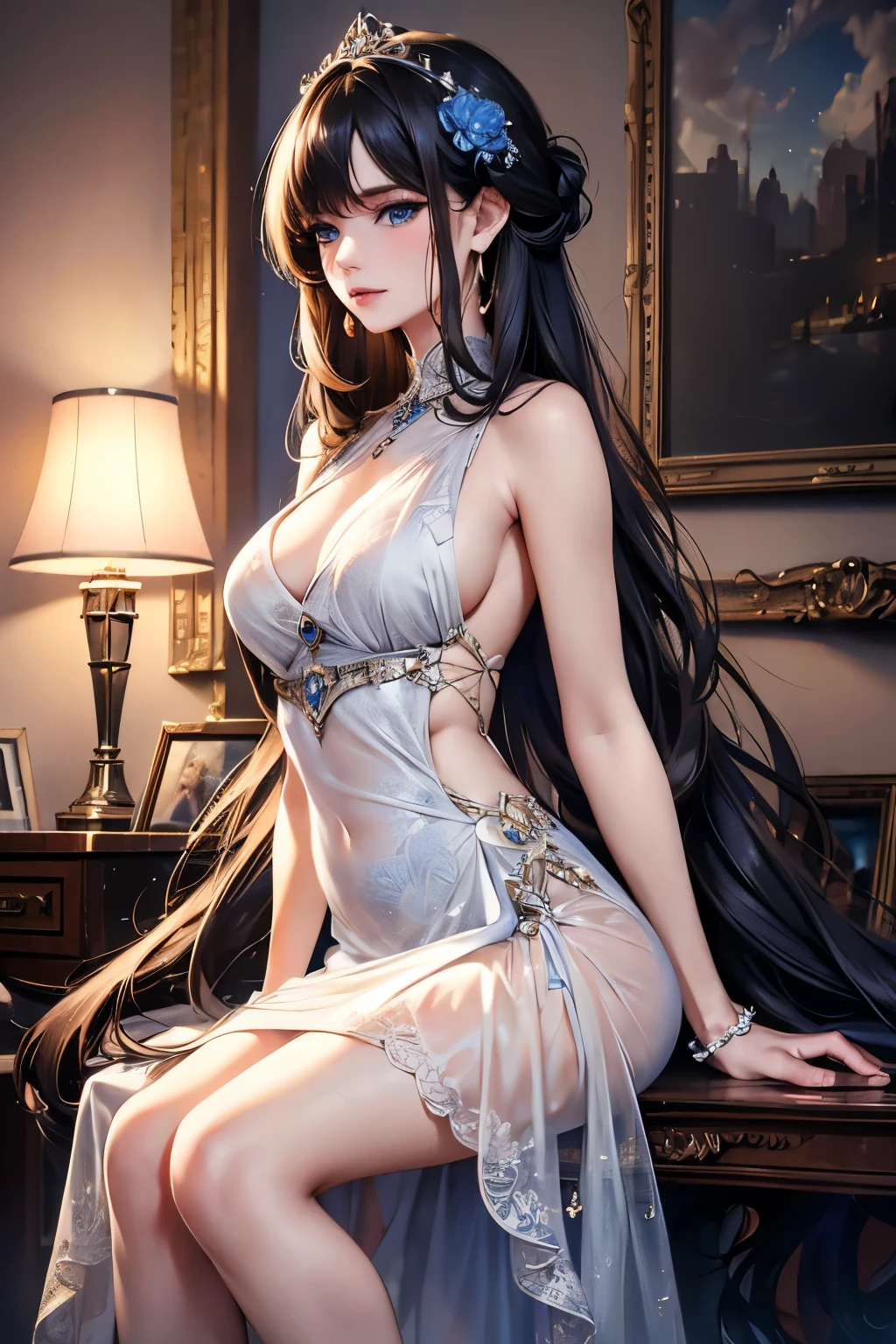 Highest quality, masterpiece, Ultra-high resolution, reality, Portraiture, Elegant mature woman, blue eyes, Long Hair, Side bangs, backless dress, See-through dress, 4K resolution, High quality CG, Feminine pose, fair, Detailed Background,