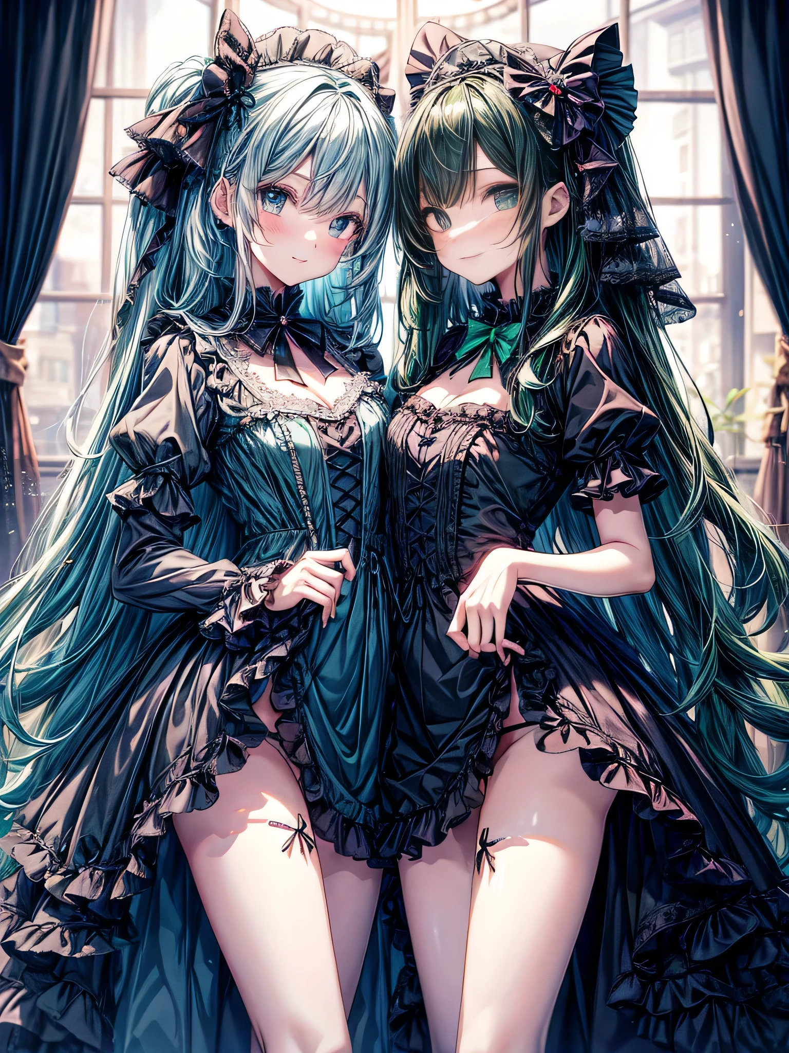 Panties, Show your pants, I showed my pants, whole body, 8k resolution, Delicate features, , single, Unique pupils, smile, Emerald green, Princess Cut, Ribbon hair ornament, brooch, Glossy dark blue dress, Lolita Style, Gothic style, Facing the audience, Otaku Room, Female demon
