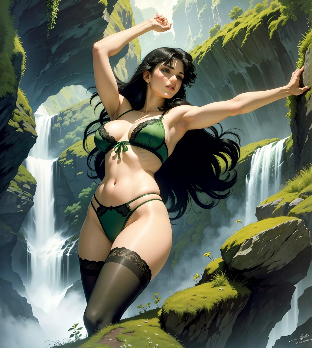 Deep gorge，pontes，rivers，precipice，clouds，lakes，rockery，waterfall，flowers，grassy，mist，vine，The tree，atmospheric pollution，best shade，brilliant detail，Spitz，perfect compositions，Intricate，tack Spitz focus，Dramatic，Frank Frasetta，Julie Belvia de Belladenis，author：Luis Royo，author：Boris Vallejo'irror lighting：1.3），rim-light，a princess，royal underwear, strap-on lingerie, black tights DE RENDA, green lingerie, open arms, green lingerie, green panties, black tights, arms raised, PANTIES WITH BANDAGES