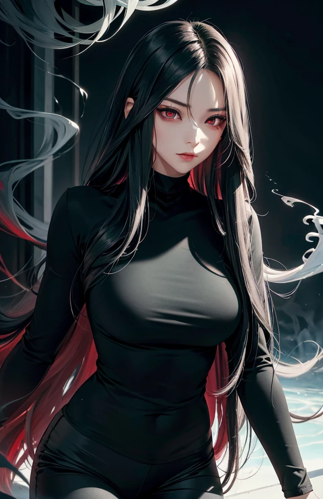 Woman with long hair straight, villain, high detailed, realistic, ultra realistic, black shirt and black skinny long pant, red eyes, acid breath, mouth green smoke