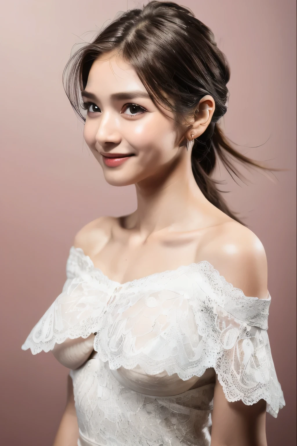 ((Highest quality, 8k, masterpiece: 1.3)), sharp: 1.2, Perfect Body Beauty: 1.6, ((Layered Hairstyles, Big Breasts: 2.0)), (white and long legs: 2.0), (white lace dress: 2.0, Off-the-shoulder dress: 2.0, Dresses with visible breasts: 2.0), ((long hair: 2.0)), ((necklace)), Earrings, ring, Bracelet, Hair Accessories, ((Beautiful young teenager woman)), ((Straight nose)), (Eyeliner), Armpit Hair, Bristles, ((White and beautiful skin)), Wavy Hair, Beautiful attention to detail, Super detailed, Highly detailed face and skin texture, fine grain, double eyelid, Black Hair, Big Ass, Lower Body, Thighs, (((Skinny))), Wet and shiny lips, smile, Get a grip on your body, ((Anatomically correct human body)), ((Crisp body shape)), Ribs, clavicle, Protruding skeleton, A face without nasolabial folds, Shyness, Thin eyebrows, Big eyes, (shoot from side: 1.0), (Narrow shoulders: 2.0), (Smile: 1.0), (One arm raised: 1.0)