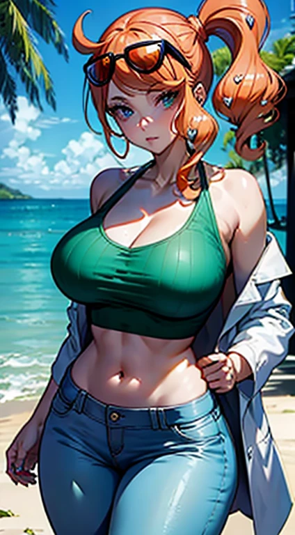  cartoon woman with large breasts, sexy body, Sonia from pokemon, cutesexyrobutts, artgerm and loish van baarle, style artgerm, high quality fanart, unparalleled masterpiece, crop top, tight pants, lab coat, ultra realistic 8k CG, perfect artwork, solo, (teasing), best quality:1.1 , alluring, (beautiful), earrings, jewelry, (hdr), (tropical paradise:1.2), trending on ArtStation