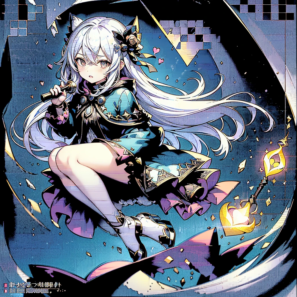 1girl,(((Highest quality、Masterpiece、Official Art、The best dynamic composition、Super detailed、Perfect Anatomy)))、Anime Style、White hair and light blue gradient long hair、Black hooded cloak、Mini Pleated Skirt、Baby Face、Holding a giant cute magic wand at an angle with both handagenta Heart Fractal Art、