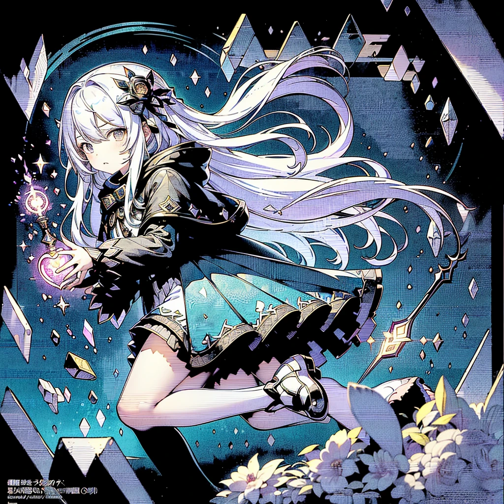 1girl,(((Highest quality、Masterpiece、Official Art、The best dynamic composition、Super detailed、Perfect Anatomy)))、Anime Style、White hair and light blue gradient long hair、Black hooded cloak、Mini Pleated Skirt、Baby Face、Holding a giant cute magic wand at an angle with both handagenta Heart Fractal Art、