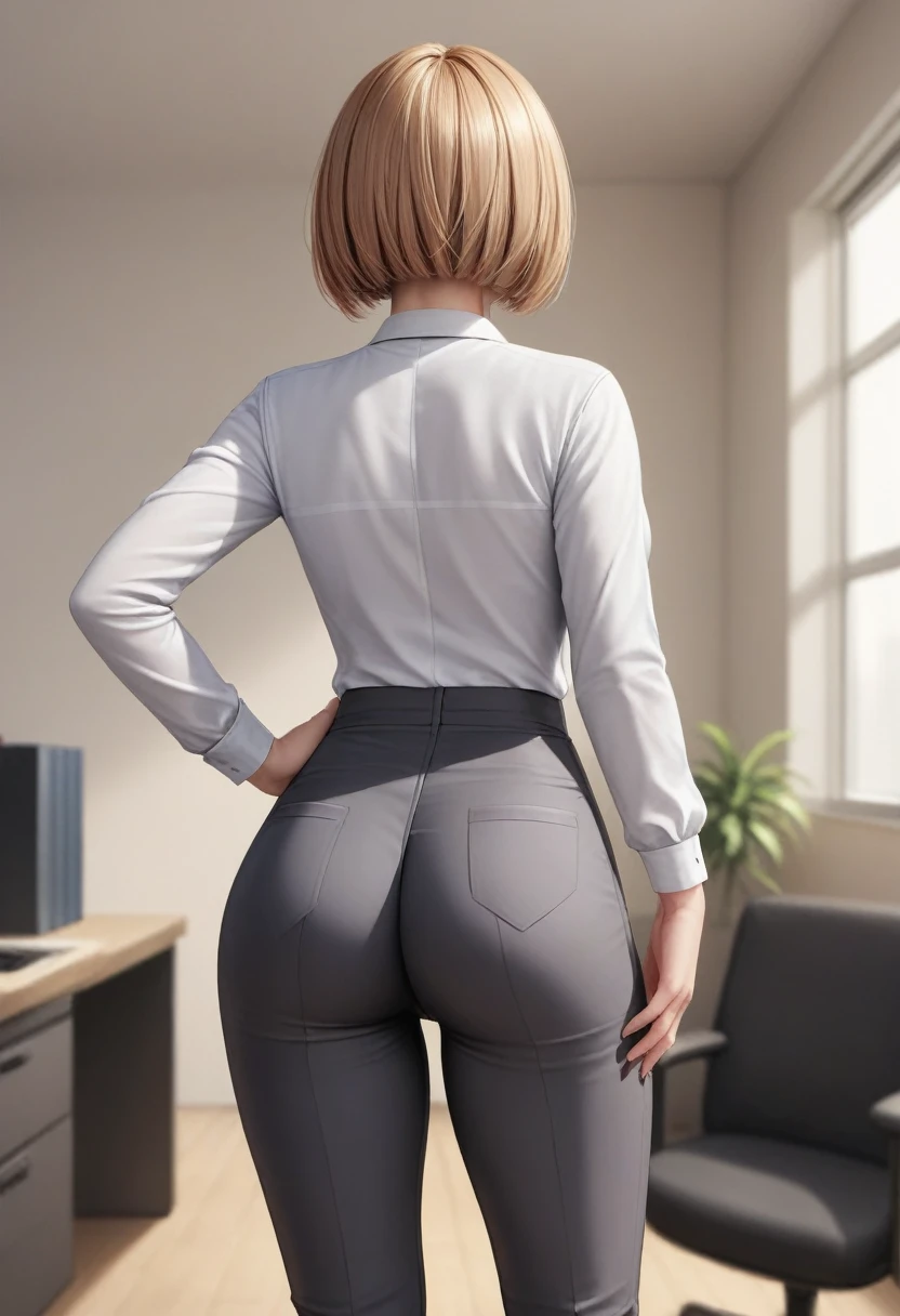 (Highest quality, 8k, 32K, masterpiece, Ultra-high resolution:1.2), One girl, Beautiful Japanese Women, Tight waist, grey suit, White shirt, office lady, suit, Georgette pants, From behind, Office Room, machine, (Protruding buttocks wearing pants:1.2), Detailed face, short hair,